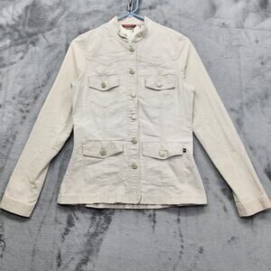 Vintage 90s Unionbay Jacket Womens M Beige Khaki Canvas Stand Collar Structured